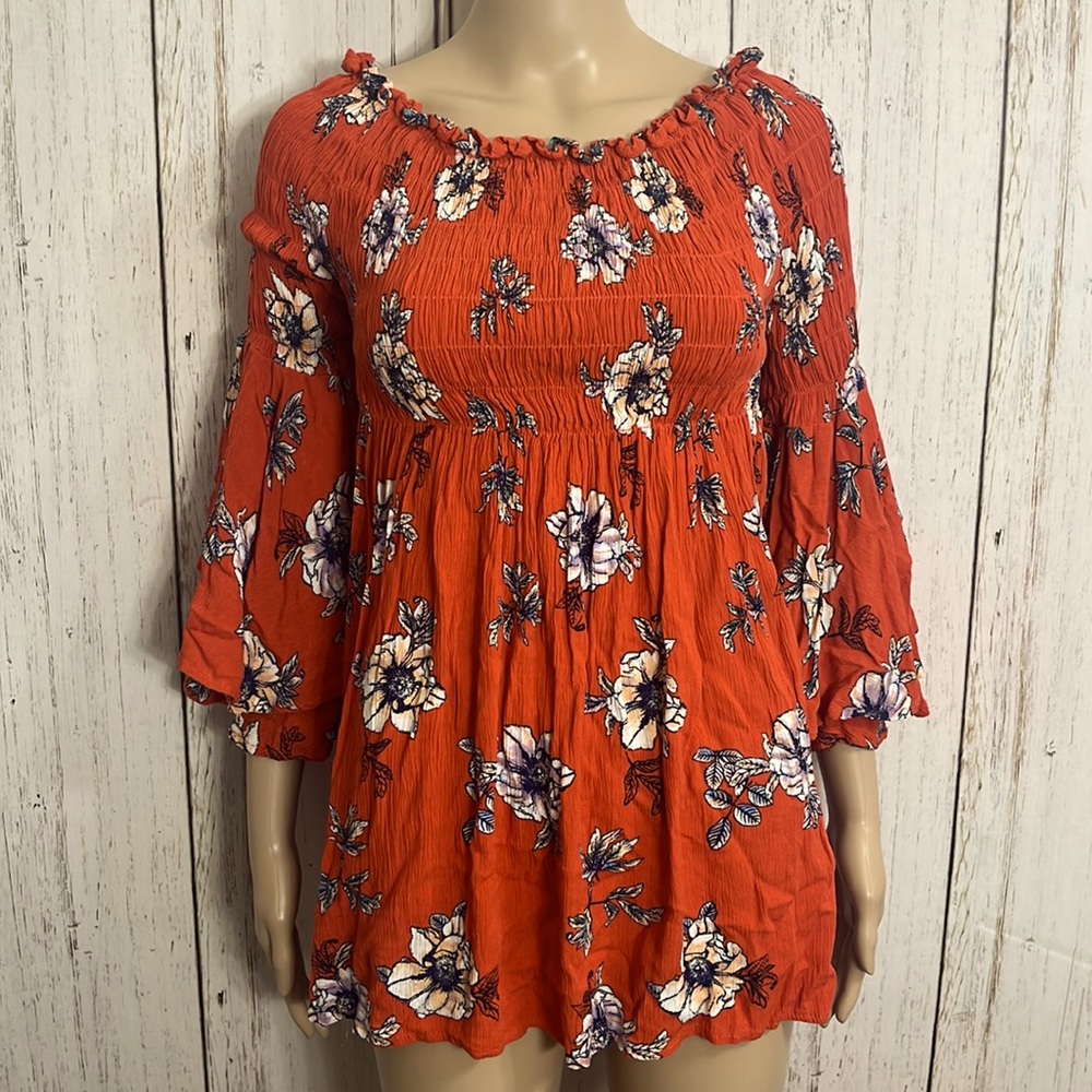 ETwo Smocked Bell Sleeves Off Shoulder Tunic Top Size Small Floral Burnt Orange